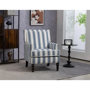 Eenvoudige fauteuil van blauw-wit gestreept katoen en linnen, met houten poten. Eenvoudige fauteuil van blauw-wit gestreept katoen en linnen, met houten poten.