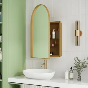 Gebogen spiegel met verborgen opbergruimte – Metalen frame – Goud Gebogen spiegel met verborgen opbergruimte – Metalen frame – Goud