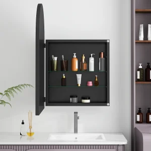 Gebogen spiegel met verborgen opbergruimte – Metalen frame – Zwart Gebogen spiegel met verborgen opbergruimte – Metalen frame – Zwart