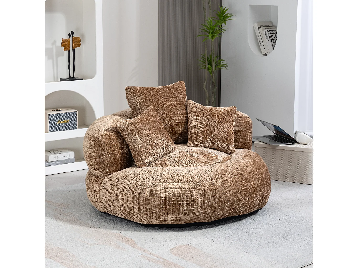 Duurzame luie bank met hoge rugleuning, 3 kussens, chenille, koffiekleur, voor binnen en buiten (108x108x52cm)