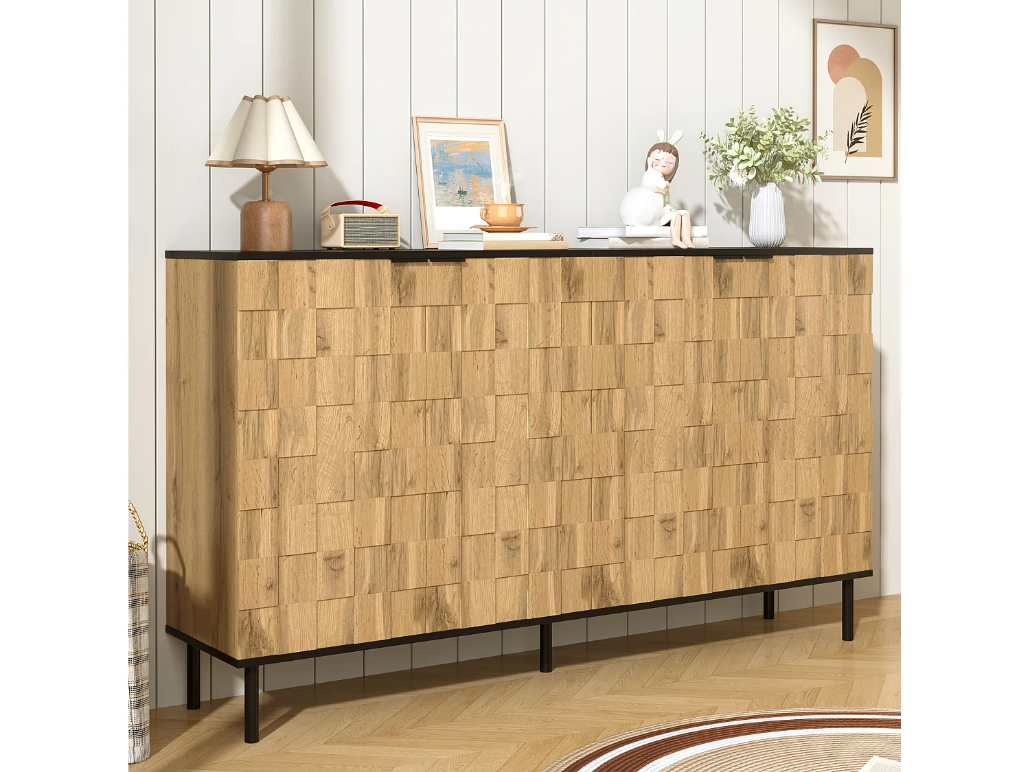 Dressoir met houtlook voor woonkamer en hal - 160 x 35 x 80 cm - met 2 deuren - metalen poten - spaanplaat - naturel