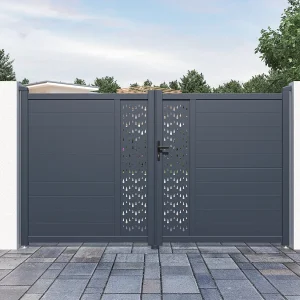 Elektrische draaipoort van aluminium met motieven – L.305 x H.181 cm – Antraciet – Koop nu
