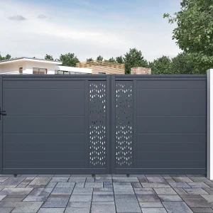 Elektrische schuifpoort van aluminium met motieven – L.416 x H.180 cm – Antraciet – Koop nu Elektrische schuifpoort van aluminium met motieven – L.416 x H.180 cm – Antraciet – Koop nu