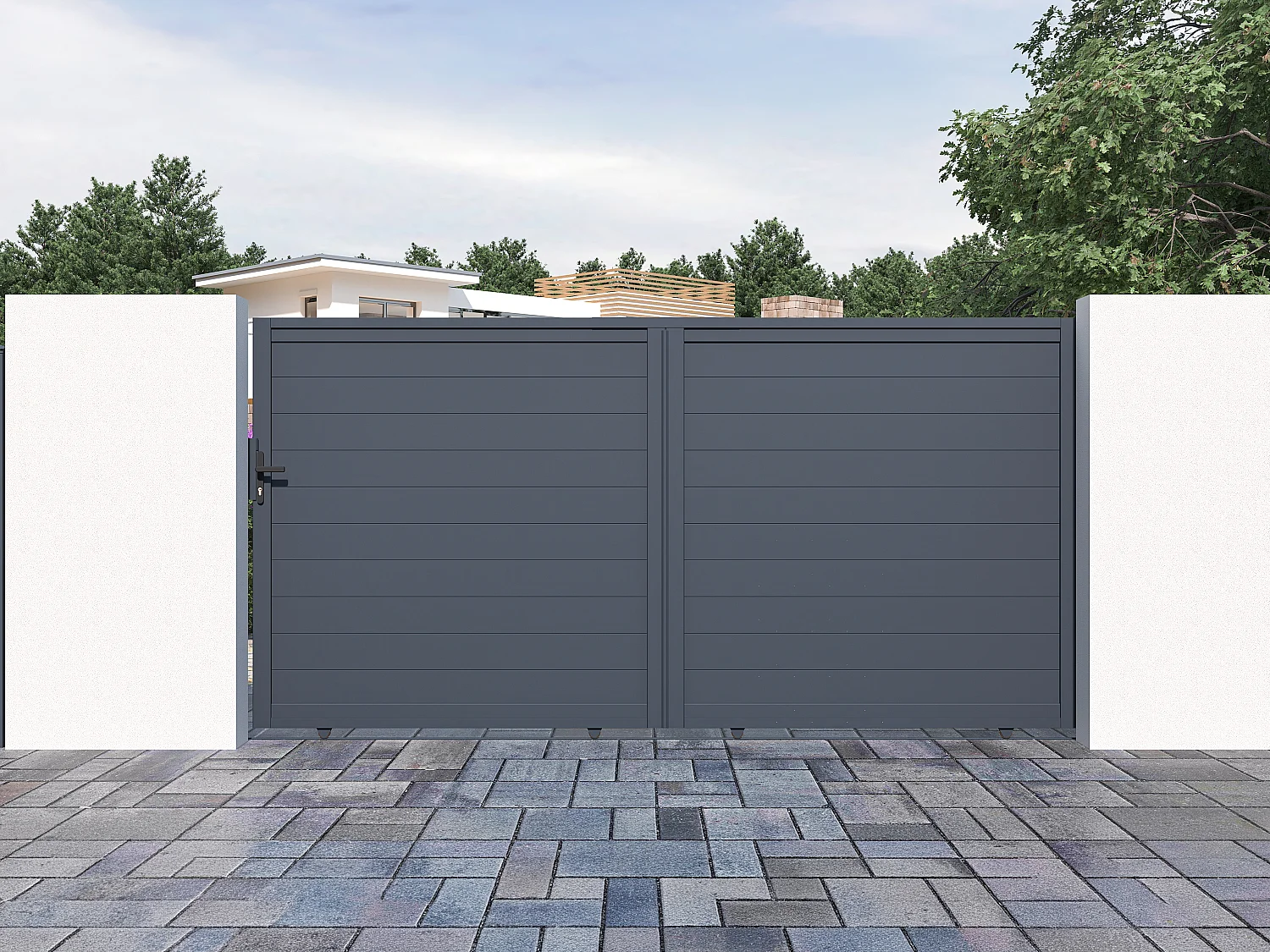 Gemotoriseerde schuifpoort van aluminium NAZARIO antraciet - L374 x 180 cm - Koop nu