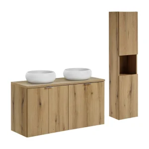 Ensemble VANO uiterlijk eik 150cm: onderkastmeubels met kastjes + blad voor wastafel + ronde witte opzetwastafels + kolom Ensemble VANO uiterlijk eik 150cm: onderkastmeubels met kastjes + blad voor wastafel + ronde witte opzetwastafels + kolom