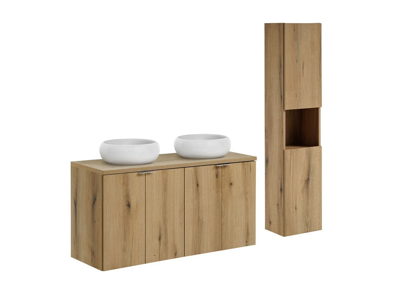 Ensemble VANO uiterlijk eik 150cm: onderkastmeubels met kastjes + blad voor wastafel + ronde witte opzetwastafels + kolom