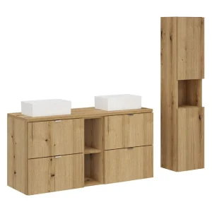 Ensemble VANO eikenlook 150cm: onderkasten met lades en nissen + blad voor wastafel + opbouw wastafels + kolomkast