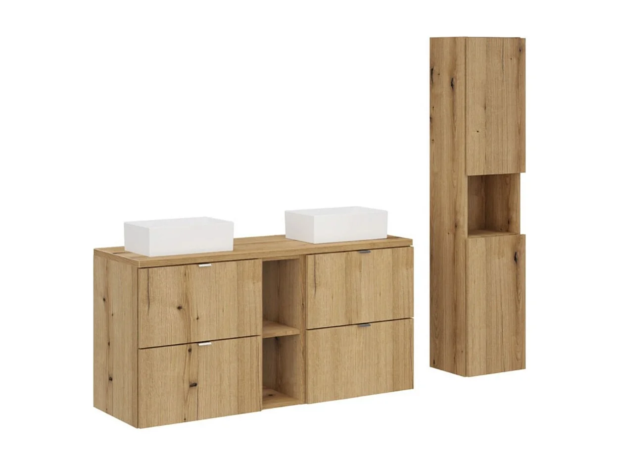 Ensemble VANO eikenlook 150cm: onderkasten met lades en nissen + blad voor wastafel + opbouw wastafels + kolomkast
