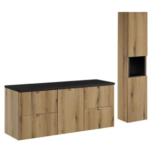 Set VANO in eiken en zwart uiterlijk 170cm: meubel met lades en geïntegreerde wasmand + blad voor wastafel + kolomkast