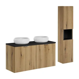<Ensemble VANO aspect eiken en zwart 150cm: meubelonderkasten met kastdeuren + blad voor wastafel + ronde opbouwwastafels + kolomkast>
