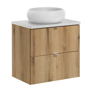 Ensemble VANO aspect eiken en wit 60cm: onderkast met laden + blad voor wastafel + ronde witte opzetwastafel