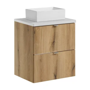 VANO set in eik en wit 50cm: onderbouwmeubels met lades + blad voor wastafel + rechthoekige opzetwastafels