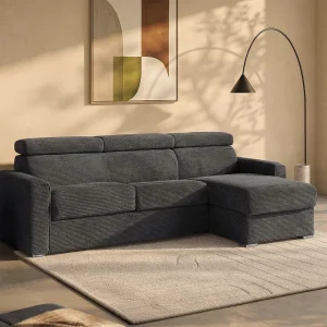Express-hoekslaapbank van antracietgrijs ribfluweel, bed 160 cm, VIZIR Express-hoekslaapbank van antracietgrijs ribfluweel, bed 160 cm, VIZIR