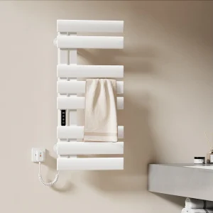 EMKE Elektrische handdoekradiator wit WiFi 85x40cm 230W carbon LCD-scherm app-bediening asymmetrisch