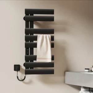 EMKE Elektrische handdoekradiator zwart WiFi 85x40cm 230W carbon LCD-scherm app-bediening asymmetrisch