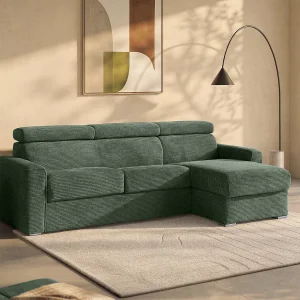 Express-hoekslaapbank van groen ribfluweel – Bed 140 cm, dikte 18 cm, VIZIR