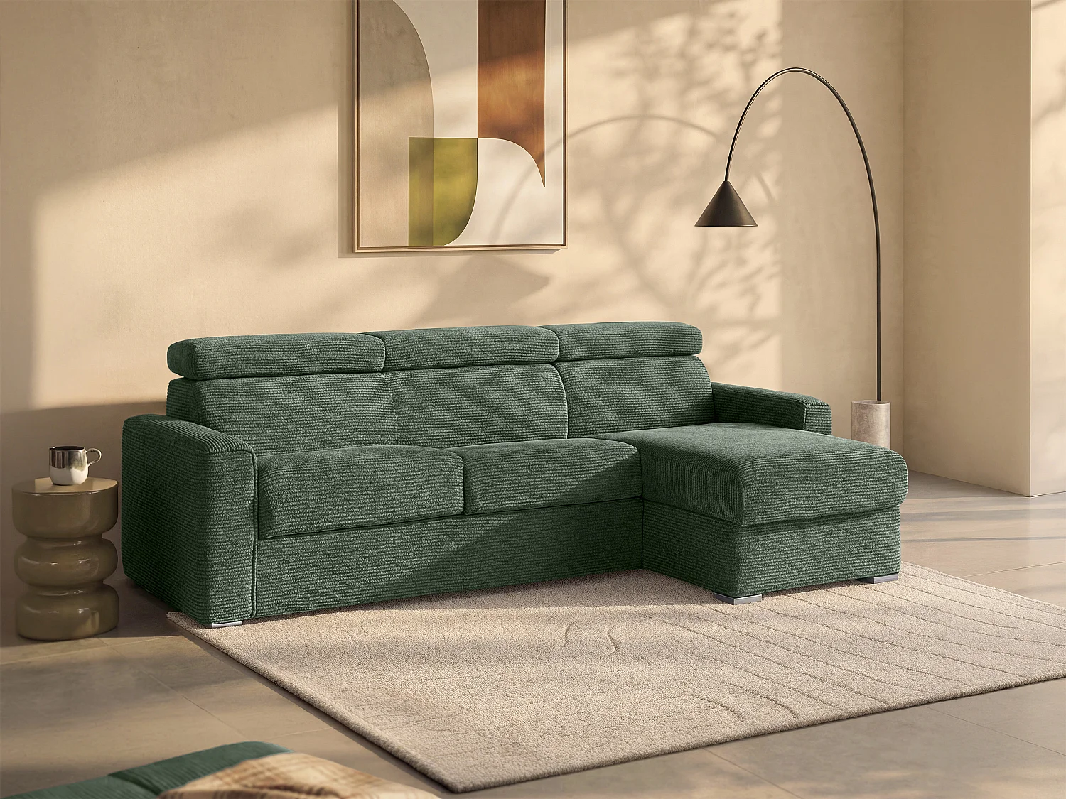 Express-hoekslaapbank van groen ribfluweel - Bed met latten, 160 cm, VIZIR