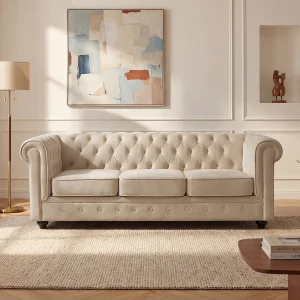 Driezitsbank van beige velours CHESTERFIELD Driezitsbank van beige velours CHESTERFIELD