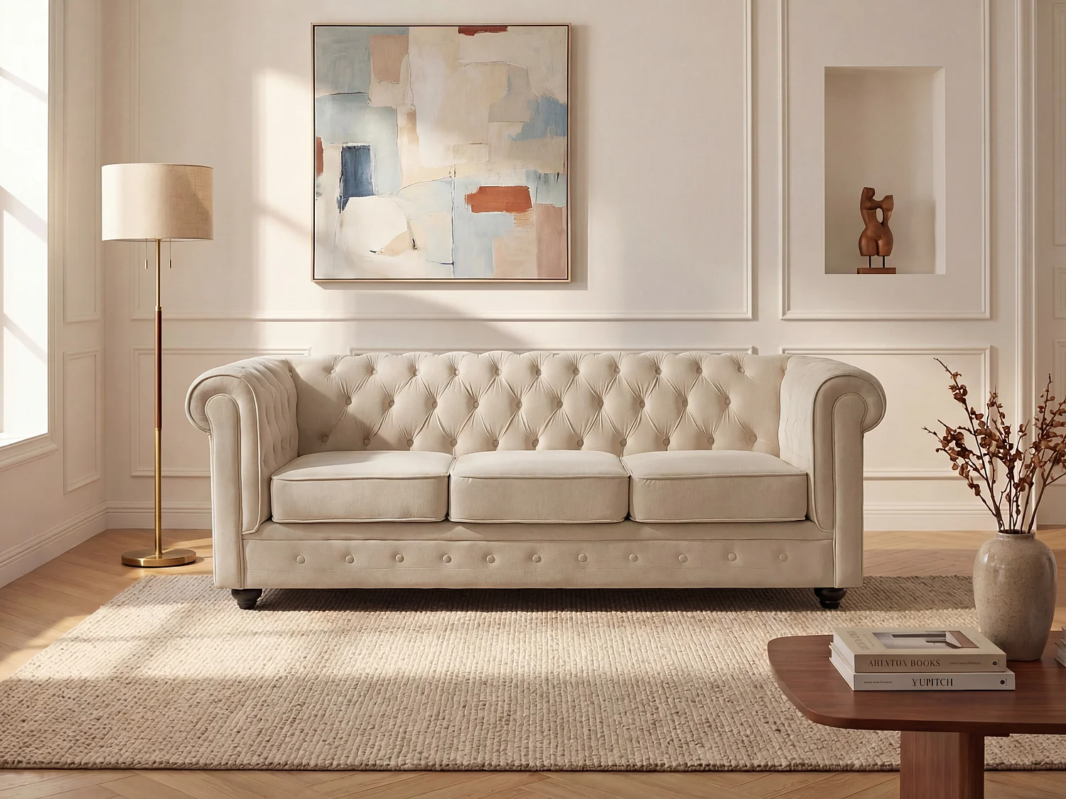 Driezitsbank van beige velours CHESTERFIELD