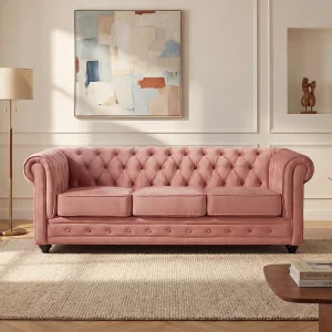 Driezitsbank CHESTERFIELD – fluweel – pastel roze