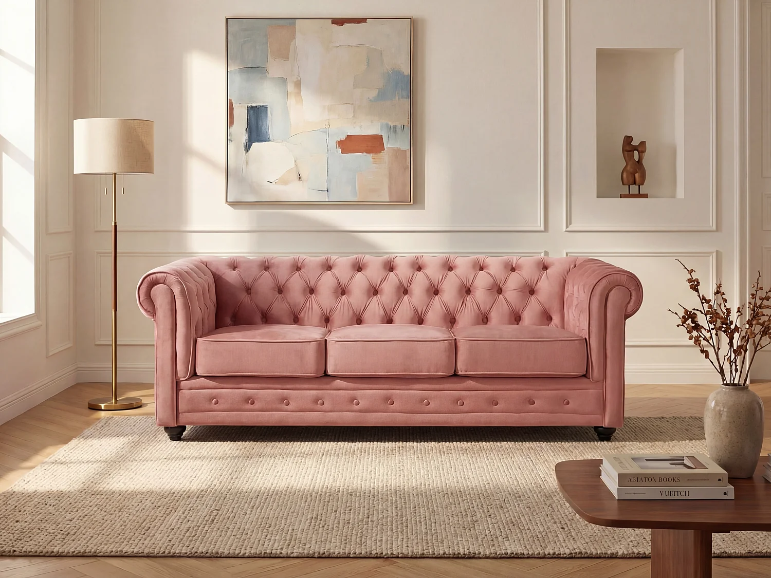 Driezitsbank CHESTERFIELD - fluweel - pastel roze