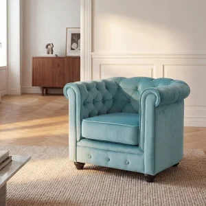 Fauteuil van fluweel CHESTERFIELD – pastel blauw Fauteuil van fluweel CHESTERFIELD – pastel blauw