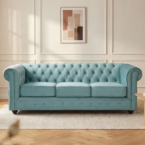 Driezitsbank CHESTERFIELD – fluweel – pastel blauw