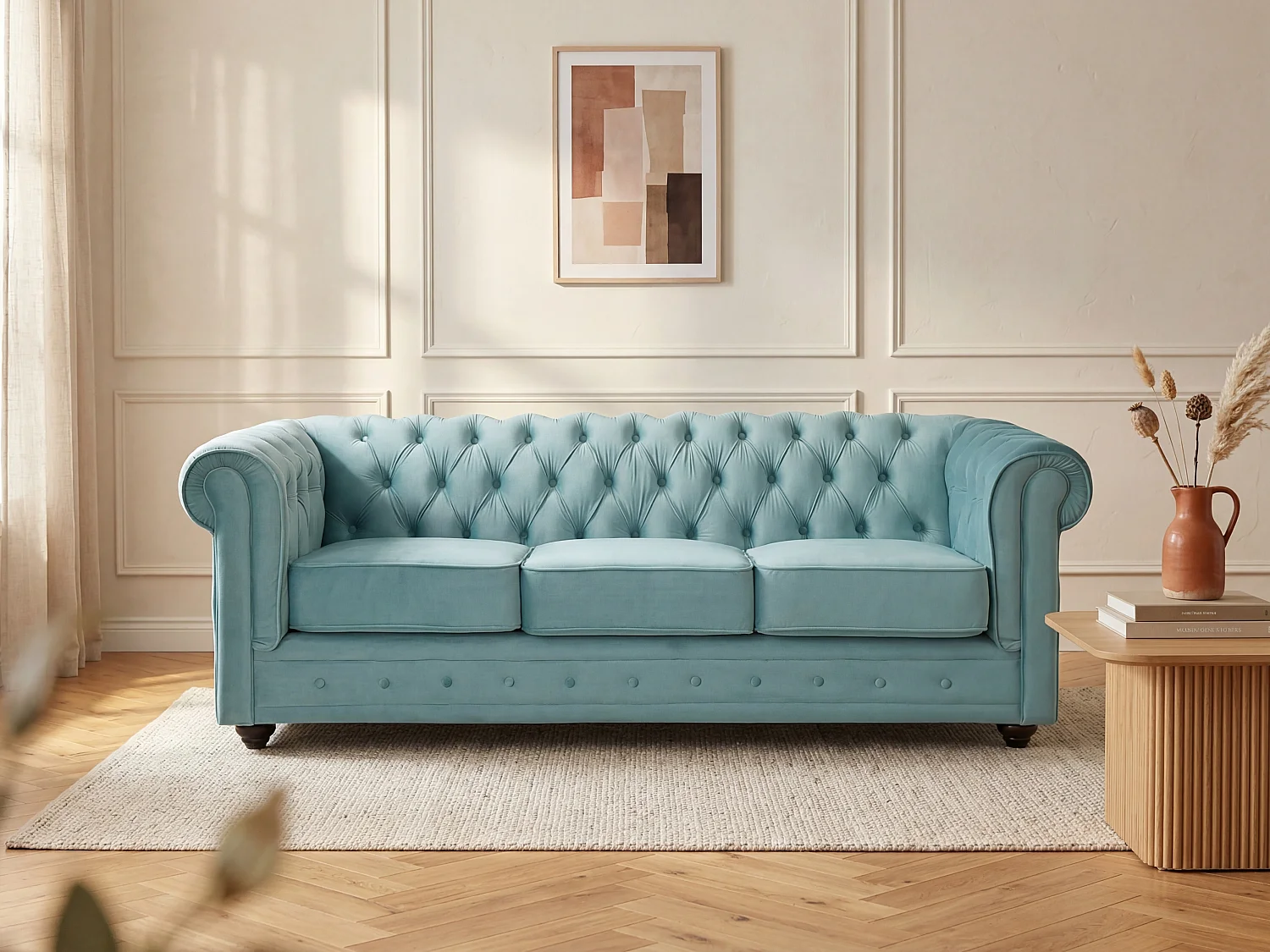 Driezitsbank CHESTERFIELD - fluweel - pastel blauw