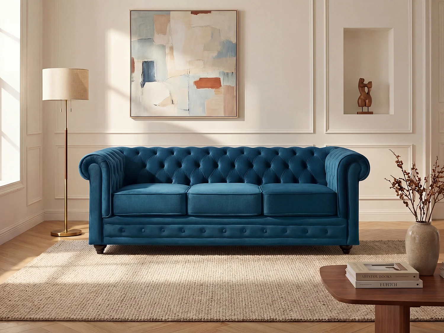Driezitsbank CHESTERFIELD - fluweel - eend blauw