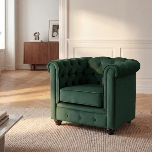 Vaste fauteuil van groen velours CHESTERFIELD. Vaste fauteuil van groen velours CHESTERFIELD.