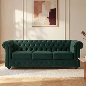 Driezitsbank van groen velours CHESTERFIELD. Driezitsbank van groen velours CHESTERFIELD.