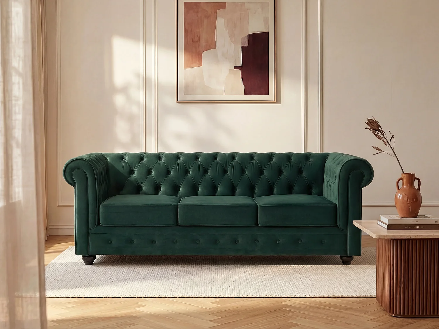 Driezitsbank van groen velours CHESTERFIELD.