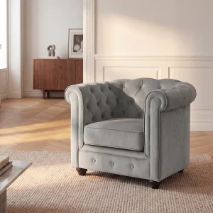 Fauteuil CHESTERFIELD – fluweel – licht grijs – 100% katoen Fauteuil CHESTERFIELD – fluweel – licht grijs – 100% katoen