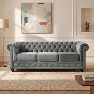 Driezitsbank CHESTERFIELD – fluweel – licht grijs