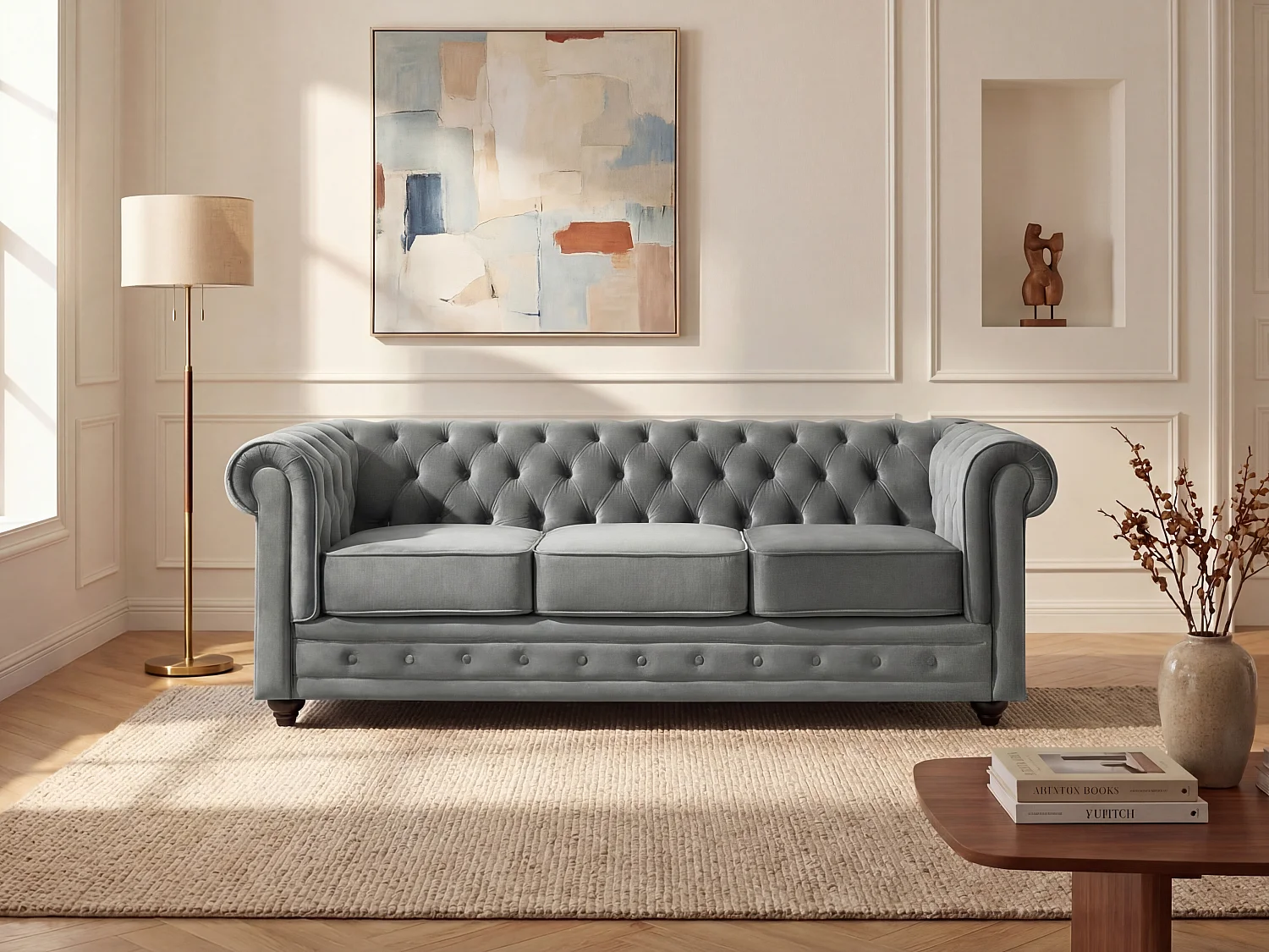 Driezitsbank CHESTERFIELD - fluweel - licht grijs