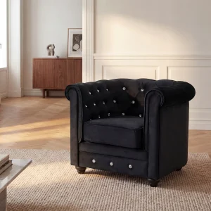 Fauteuil CHESTERFIELD – fluweel – zwart met kristallen knopen Fauteuil CHESTERFIELD – fluweel – zwart met kristallen knopen