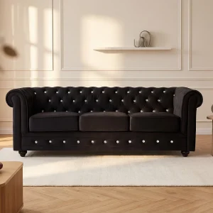 Driezitsbank CHESTERFIELD – fluweel – zwart met kristallen knopen