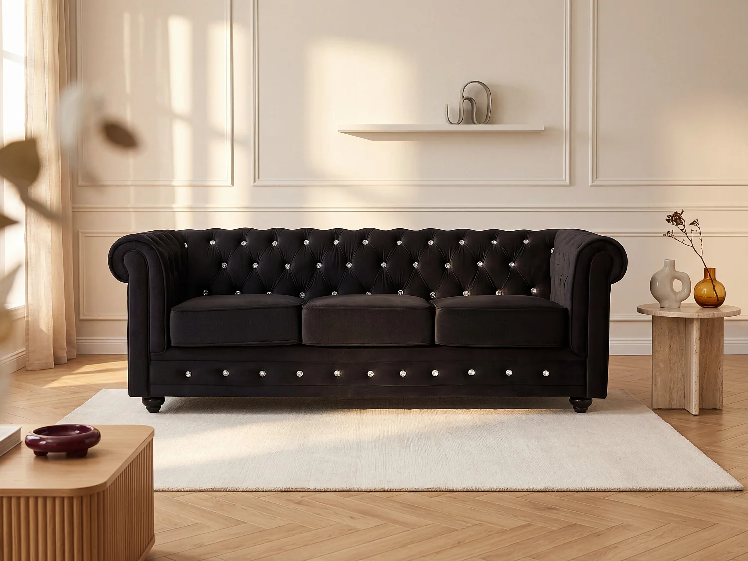 Driezitsbank CHESTERFIELD - fluweel - zwart met kristallen knopen
