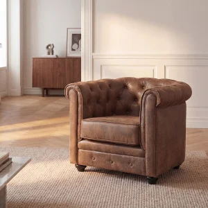 Fauteuil CHESTERFIELD microvezel met vintage look – Bruin Fauteuil CHESTERFIELD microvezel met vintage look – Bruin