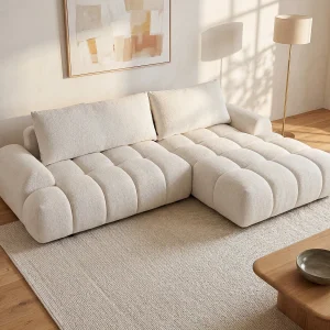 Omkeerbare slaapbank met hoek rechts in beige chenillestof FARNETA