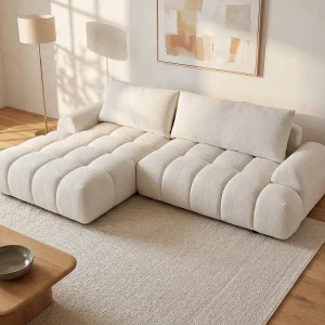 Linker hoekbank van beige chenillestof, omkeerbaar FARNETA Linker hoekbank van beige chenillestof, omkeerbaar FARNETA