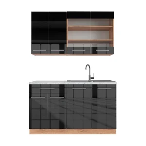 Eenpersoonskeuken antraciet hoogglans/goud eiken 140x60x81.6 fame-line Eenpersoonskeuken antraciet hoogglans/goud eiken 140x60x81.6 fame-line