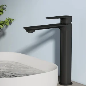 EMKE design wastafelkraan badkamer mengkraan messing keramisch binnenwerk mat zwart L.21,5 x H.26,9 cm