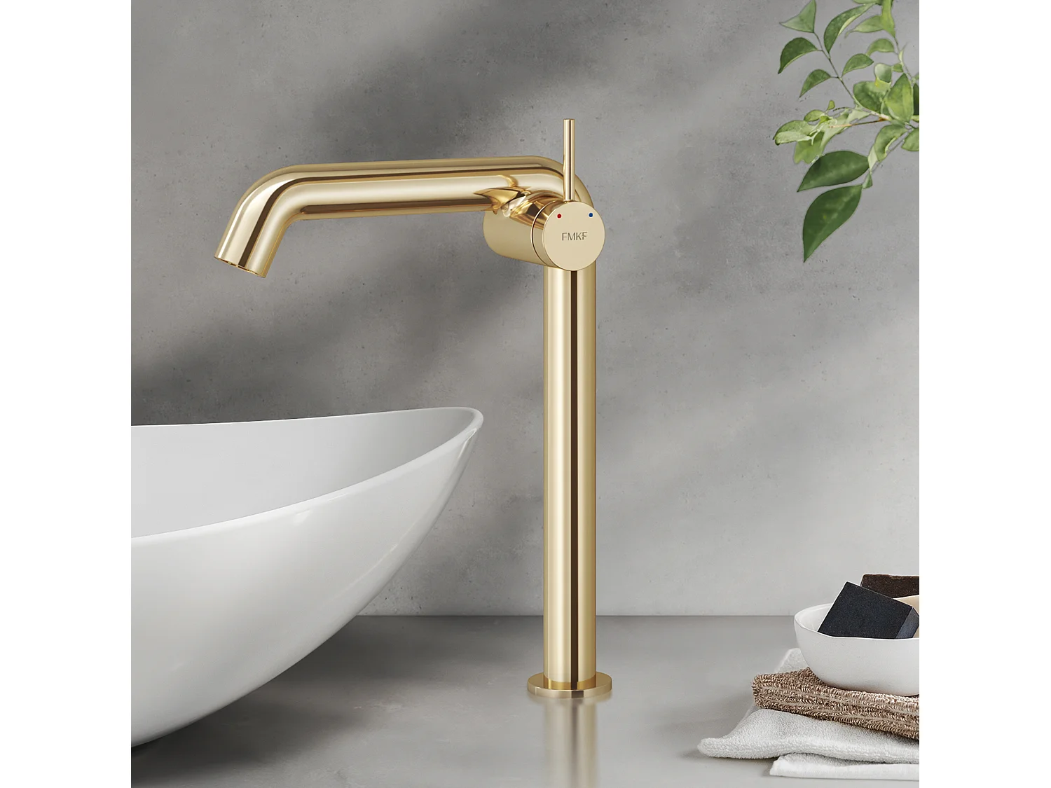 EMKE hoge design wastafelkraan voor opzetwastafel mengkraan messing keramisch binnenwerk champagne goud H.33,2 cm