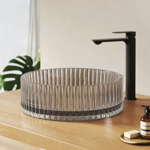 EMKE Ronde wastafel van gehard glas voor op het aanrecht 400x400x120 mm, badkamerwastafel, transparant grijs