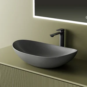 EMKE Keramische wastafel voor op het aanrecht 615 x 360 x 155 mm, Ovale badkamerwastafel, Donkergrijs EMKE Keramische wastafel voor op het aanrecht 615 x 360 x 155 mm, Ovale badkamerwastafel, Donkergrijs