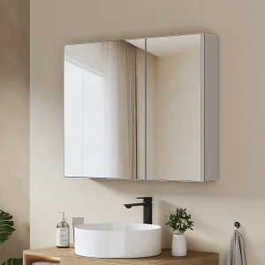 EMKE Badkamerkast met spiegel wandmontage 2 deuren verstelbare glazen planken wit 65 x 80 x 14,5 cm