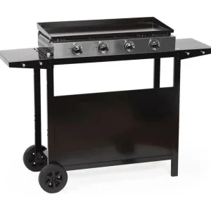 Gasplancha MERIDA 4 branders geëmailleerd staal 75×35 cm op zwart gelakt karretje met opbergruimte
