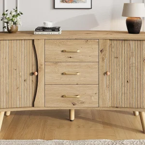 Dressoir in erwt vorm 150×36,5×75 cm – 2 schuifdeuren + 3 lades – Verstelbare planken – Massief houten poten – Natuur Dressoir in erwt vorm 150×36,5×75 cm – 2 schuifdeuren + 3 lades – Verstelbare planken – Massief houten poten – Natuur