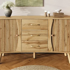 Dressoir in erwt vorm 150×36,5×75 cm – 2 schuifdeuren + 3 lades – Verstelbare planken – Houten poten – Natuur Dressoir in erwt vorm 150×36,5×75 cm – 2 schuifdeuren + 3 lades – Verstelbare planken – Houten poten – Natuur